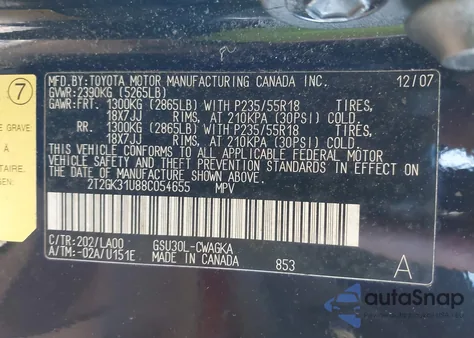 2008 Lexus Rx 350 from USA, damaged, VIN 2T2GK31U88C054655